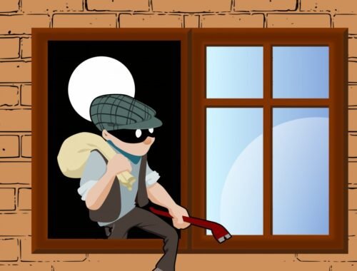 Cartoon a cartoon of a thief sitting in a window Description automatically generated