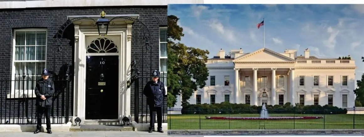 A police officer standing in front of a white house Description automatically generated