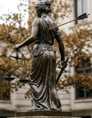 A statue of a person holding a sword and scales Description automatically generated