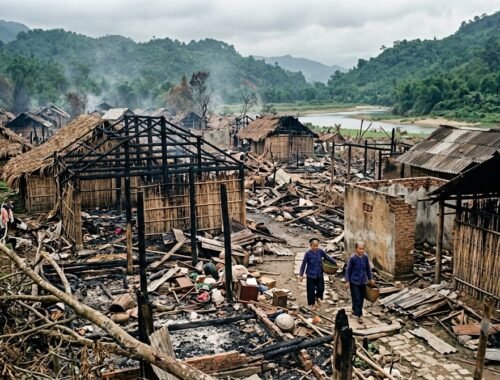 A couple of people walking in a destroyed village Description automatically generated