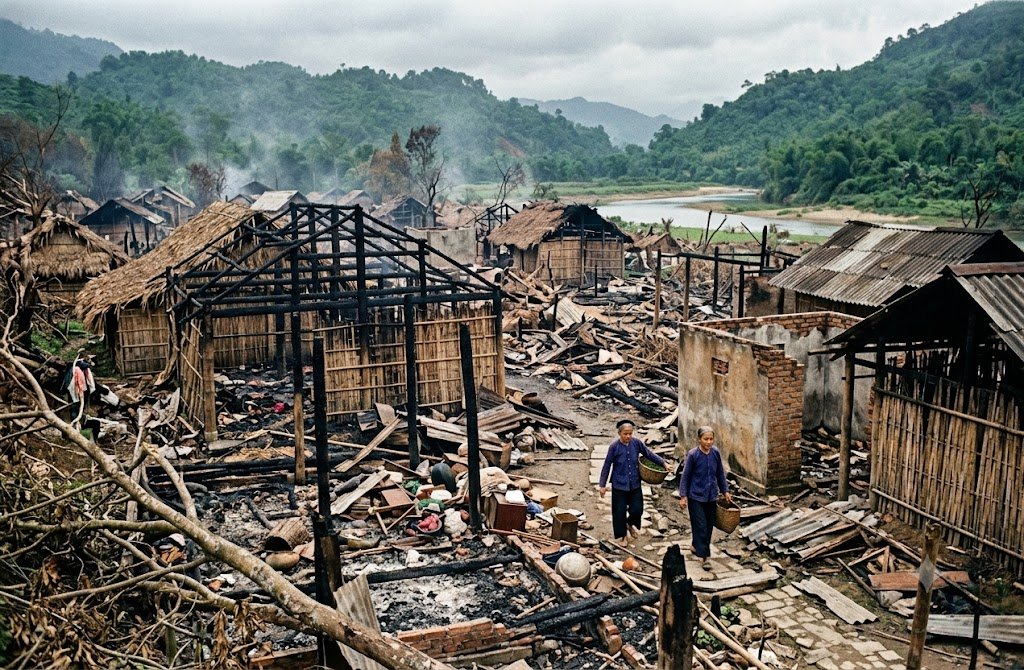 A couple of people walking in a destroyed village Description automatically generated